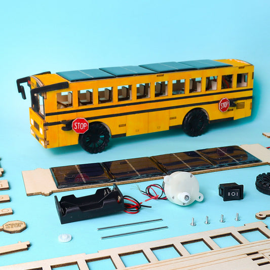 Zea Post Dual Power School Bus STEM Kit – Build, Paint & Personalize | Battery + Solar Powered